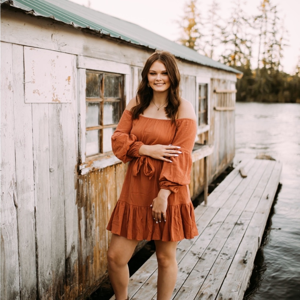 Rusty pink off the shoulder dress